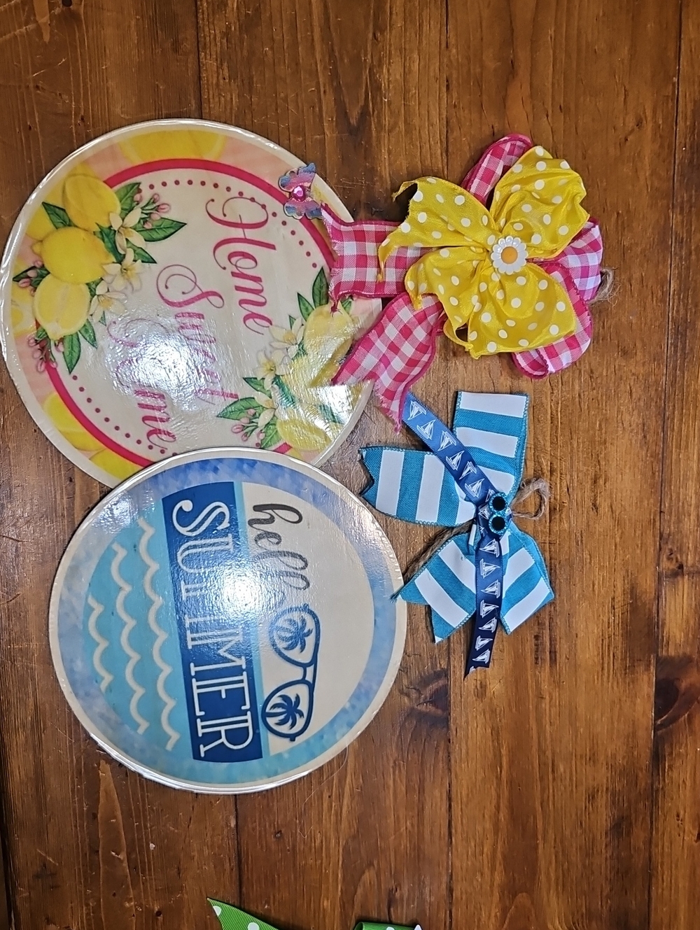 Hand Crafted Yellow & Blue Summer Welcome Plaque Set with Bows